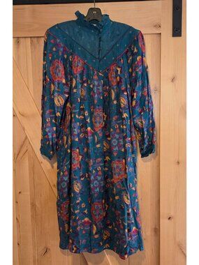 Vtg Michel Paris New York Women Size M High Neck Ruffle Midi Dress Oriental Look